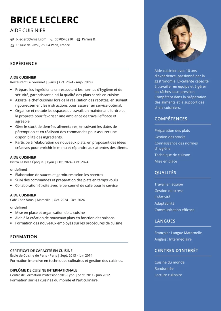 CV aide Cuisinier