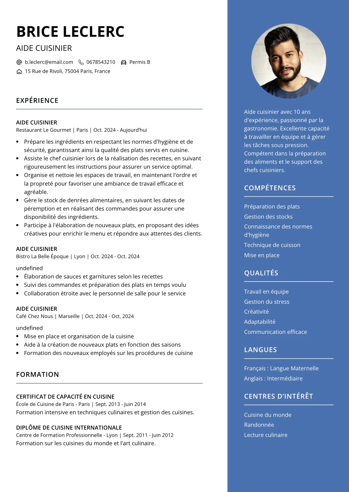 CV aide Cuisinier