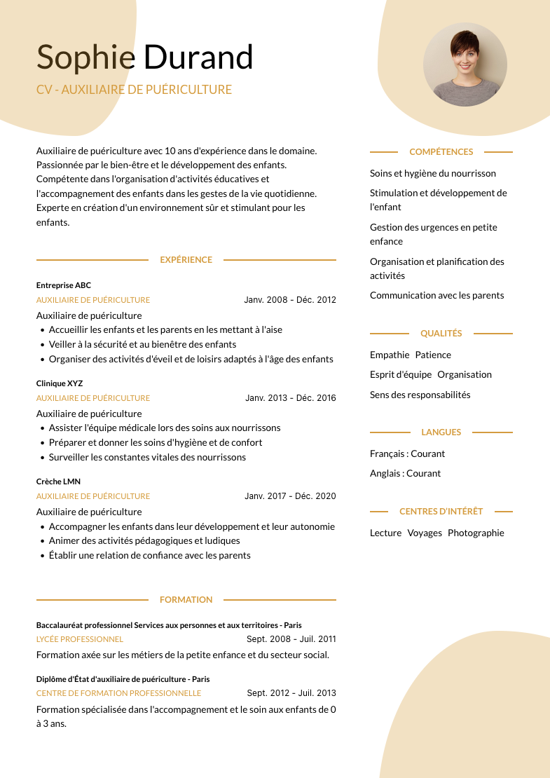 cv Auxiliaire de puériculture