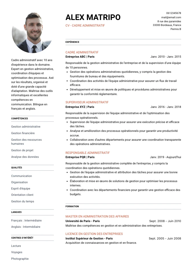 CV Cadre Administratif