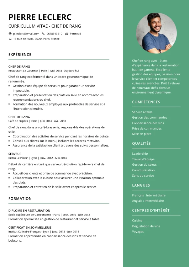 cv chef de rang