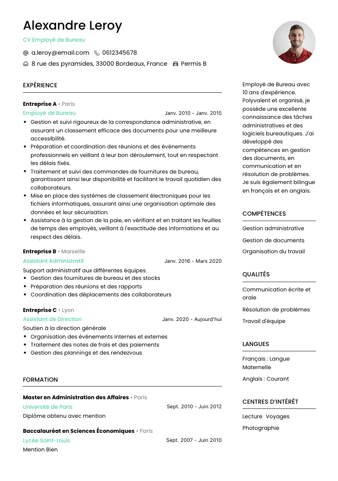 CV Employé de bureau