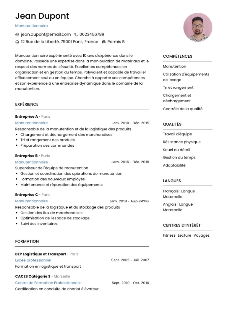 cv manutentionnaire