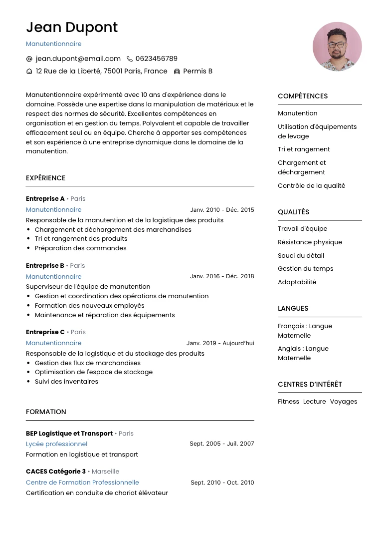 cv manutentionnaire