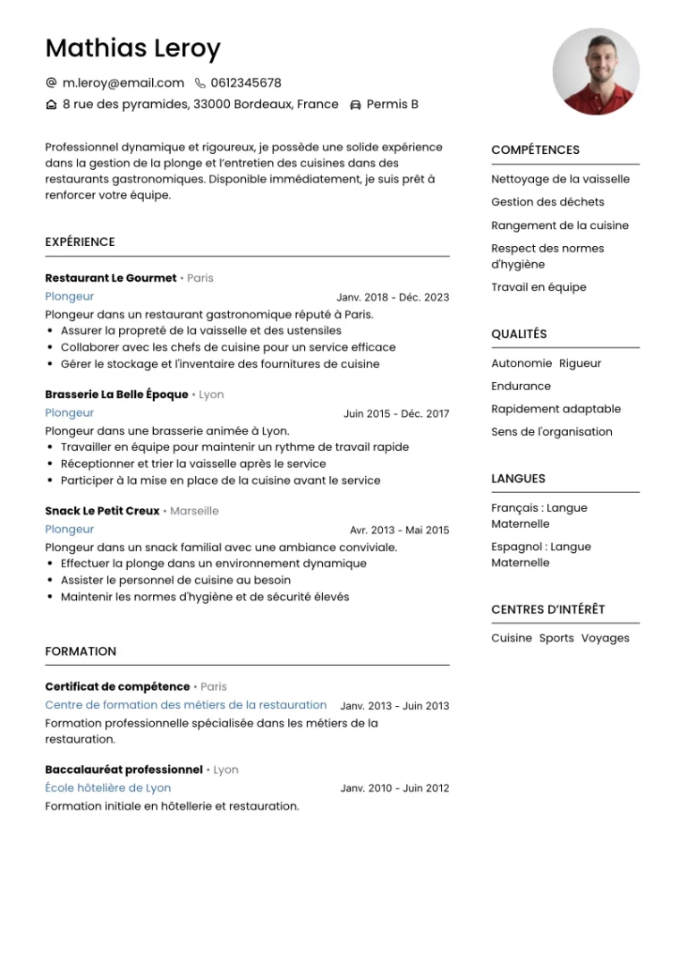 cv plongeur