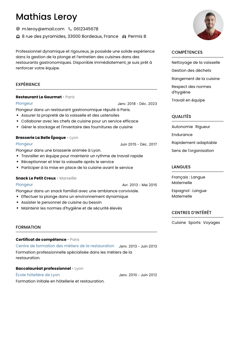 cv plongeur