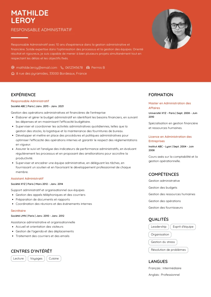 cv Responsable Administratif