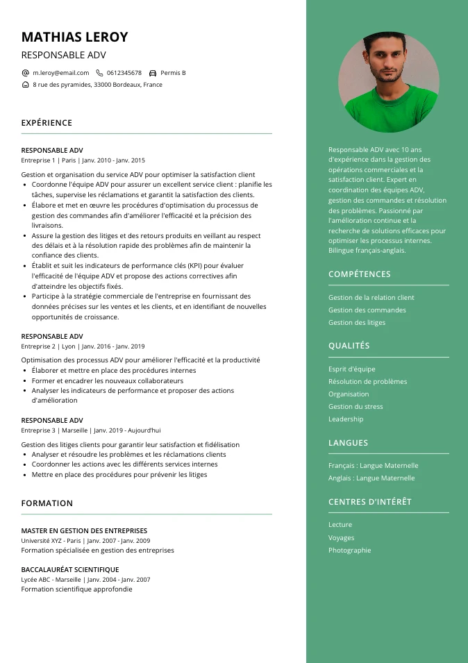 CV Responsable Administratif des ventes