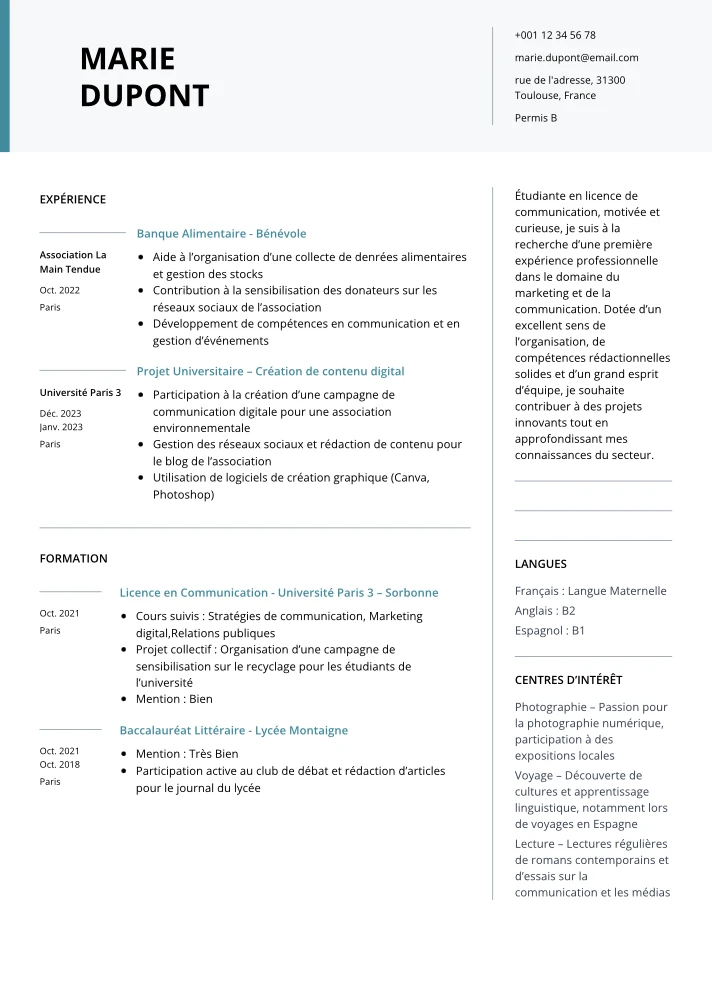 cv sans expérience