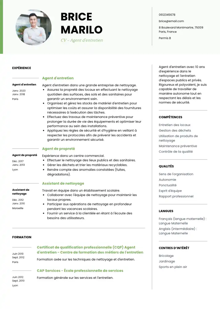 CV Agent d'entretien