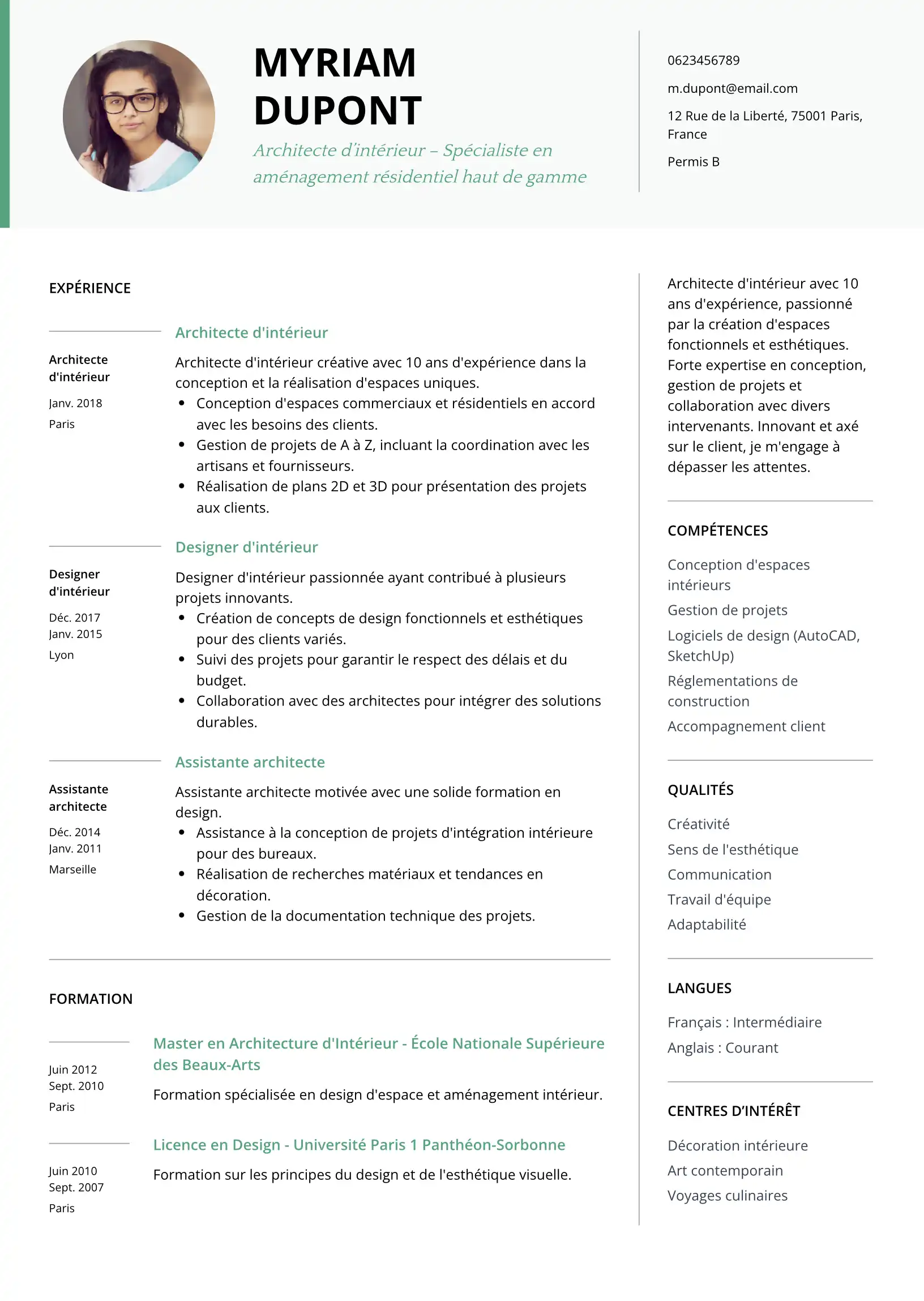 CV Architecte Intérieur