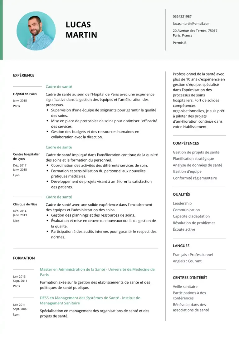 CV Cadre de la santé