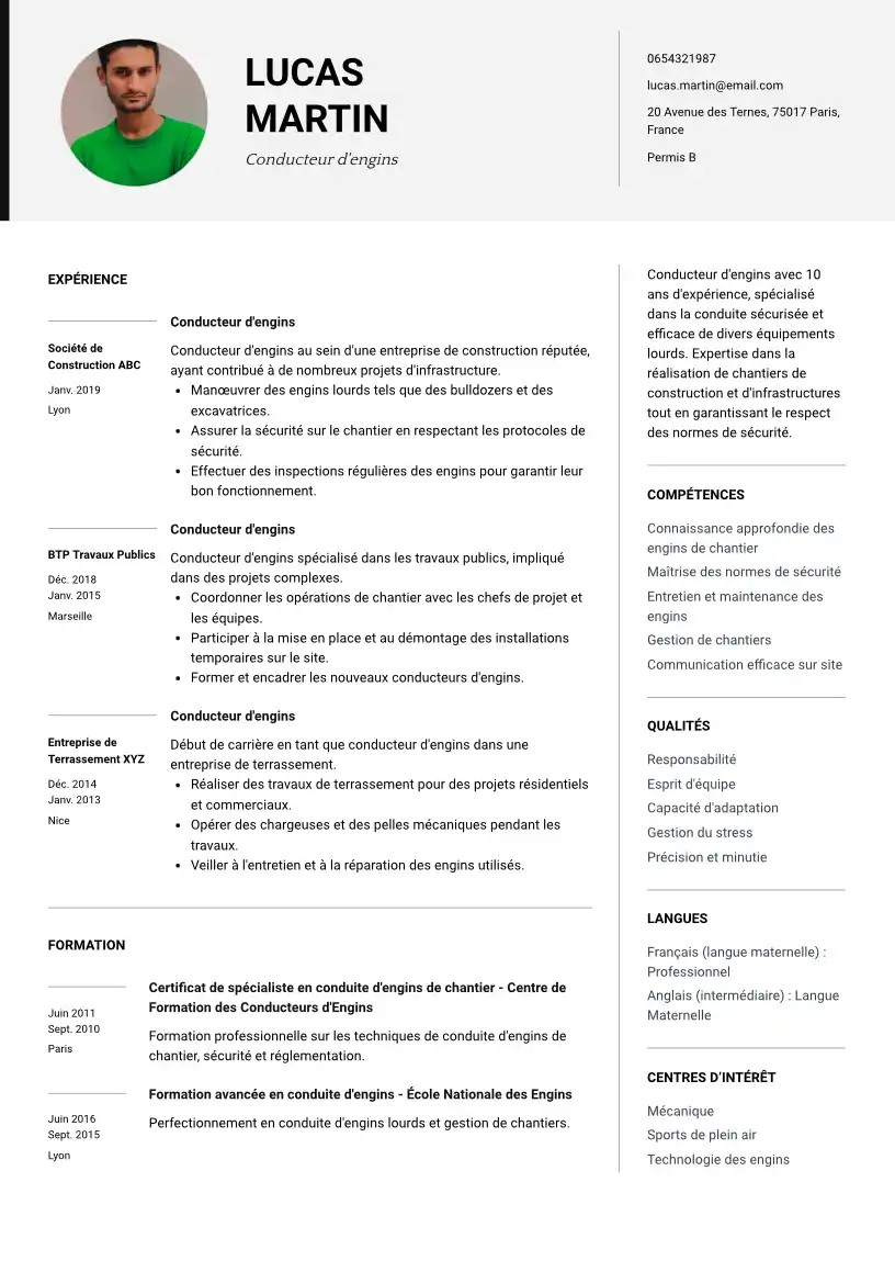 cv conducteur engin