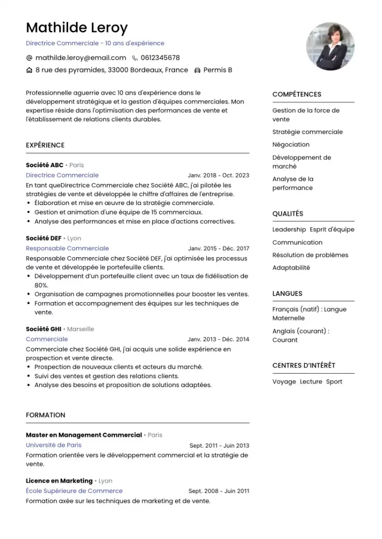 cv directrice commerciale