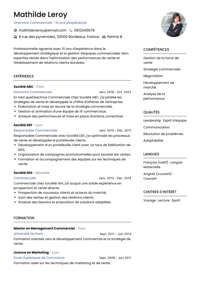 cv directrice commerciale