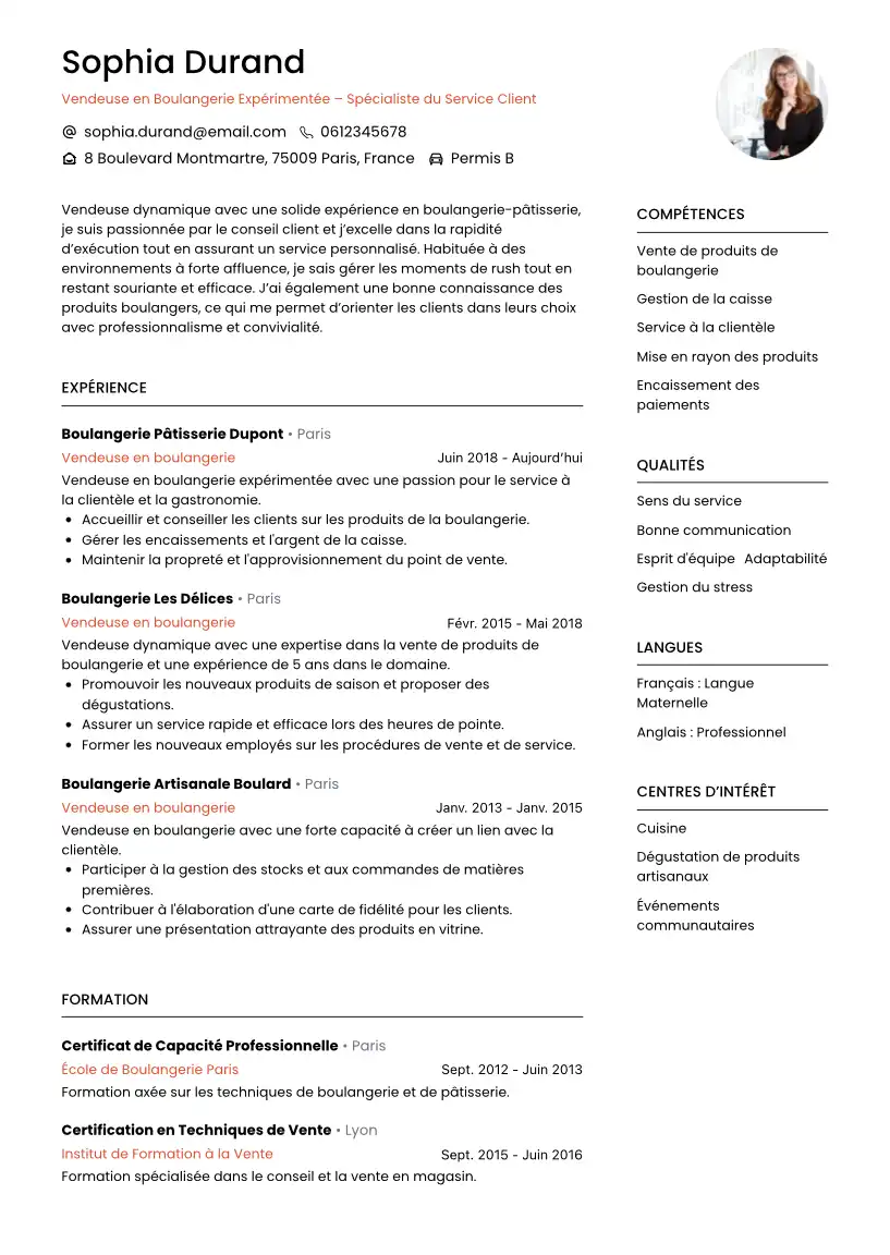 CV Vendeuse en Boulangerie