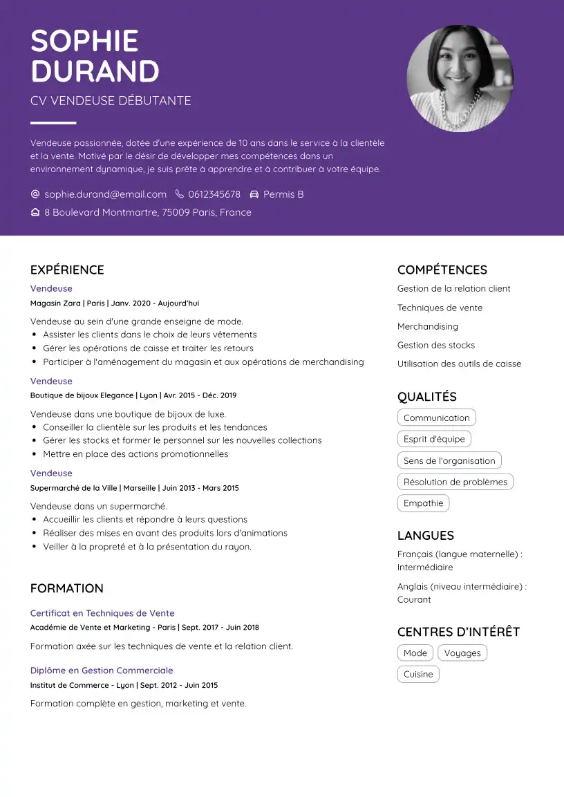 CV Vendeuse Débutante