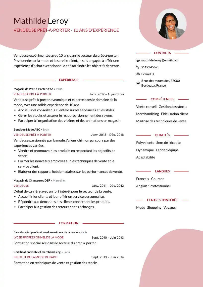 CV Vendeuse prêt-à-porter