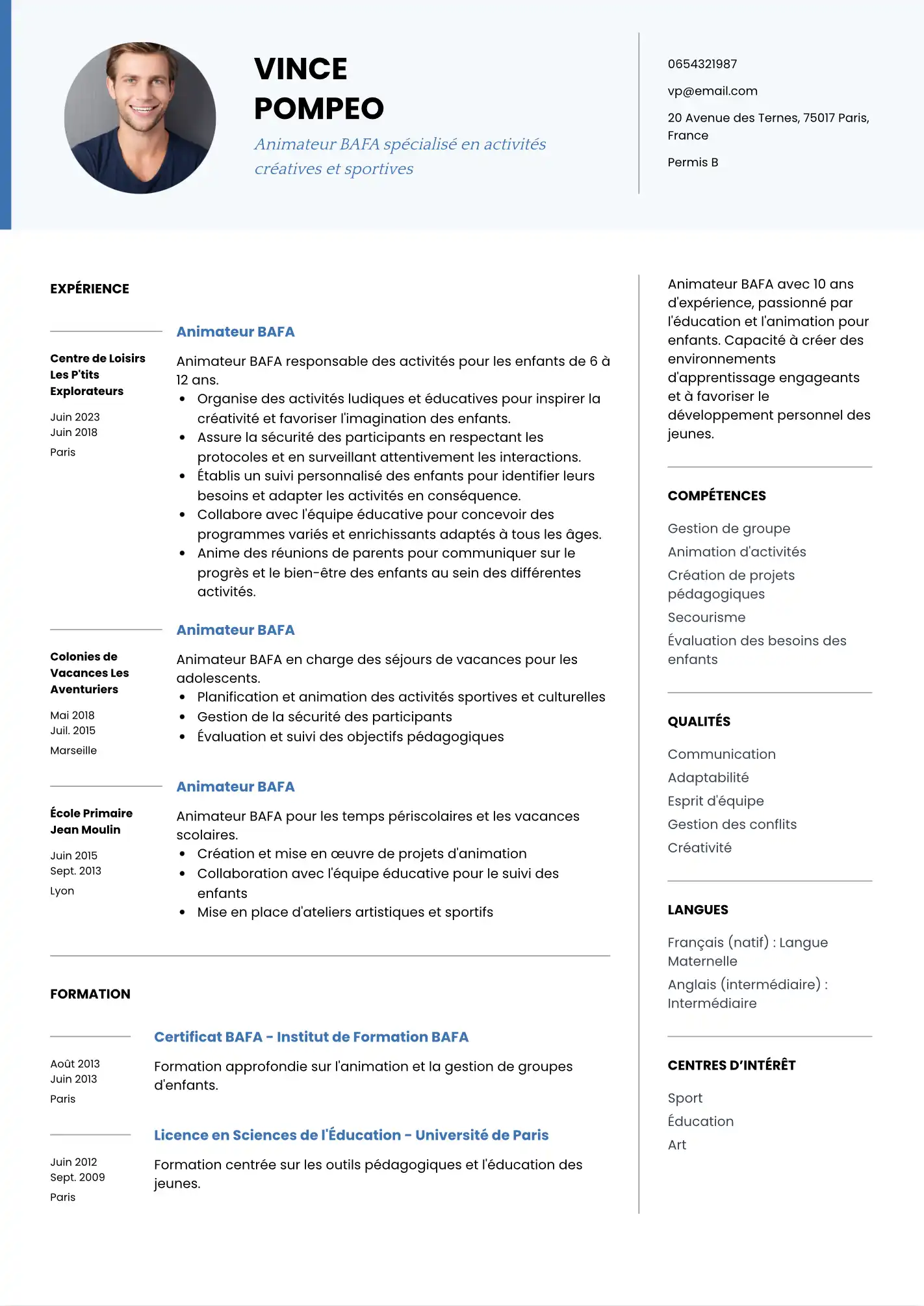 CV Animateur BAFA