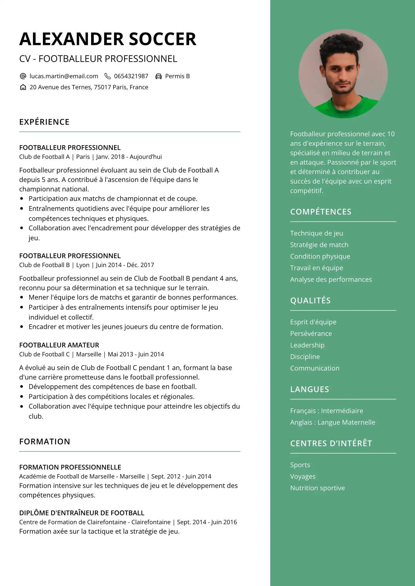 cv footballeur