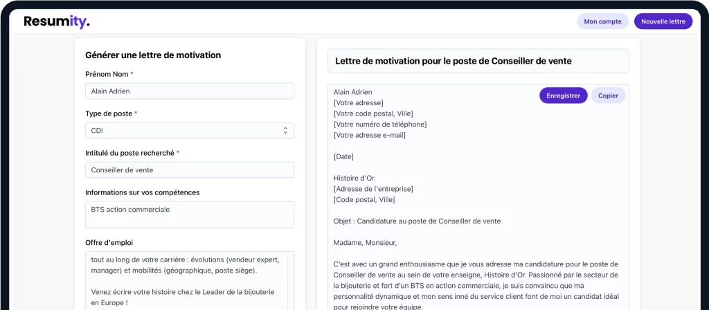 Générateur de lettre de motivation