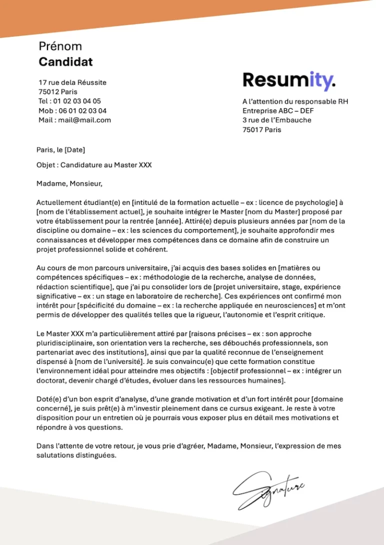 Lettre de motivation MAster