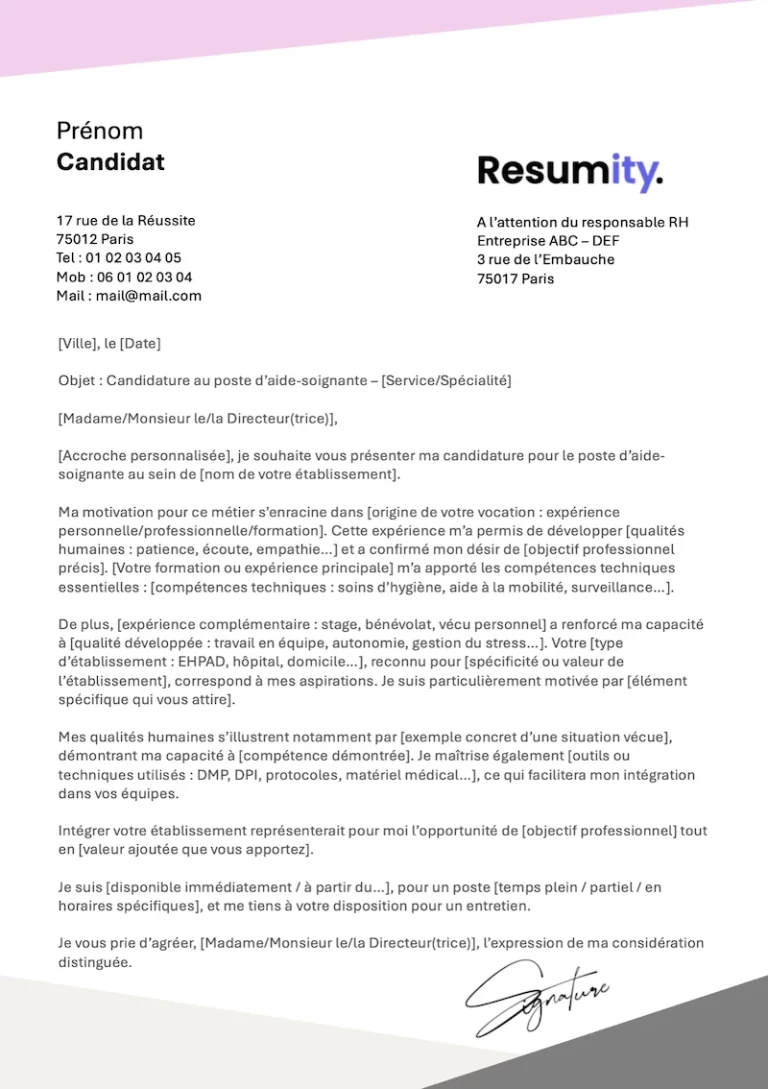 Lettre de motivation aide soignante