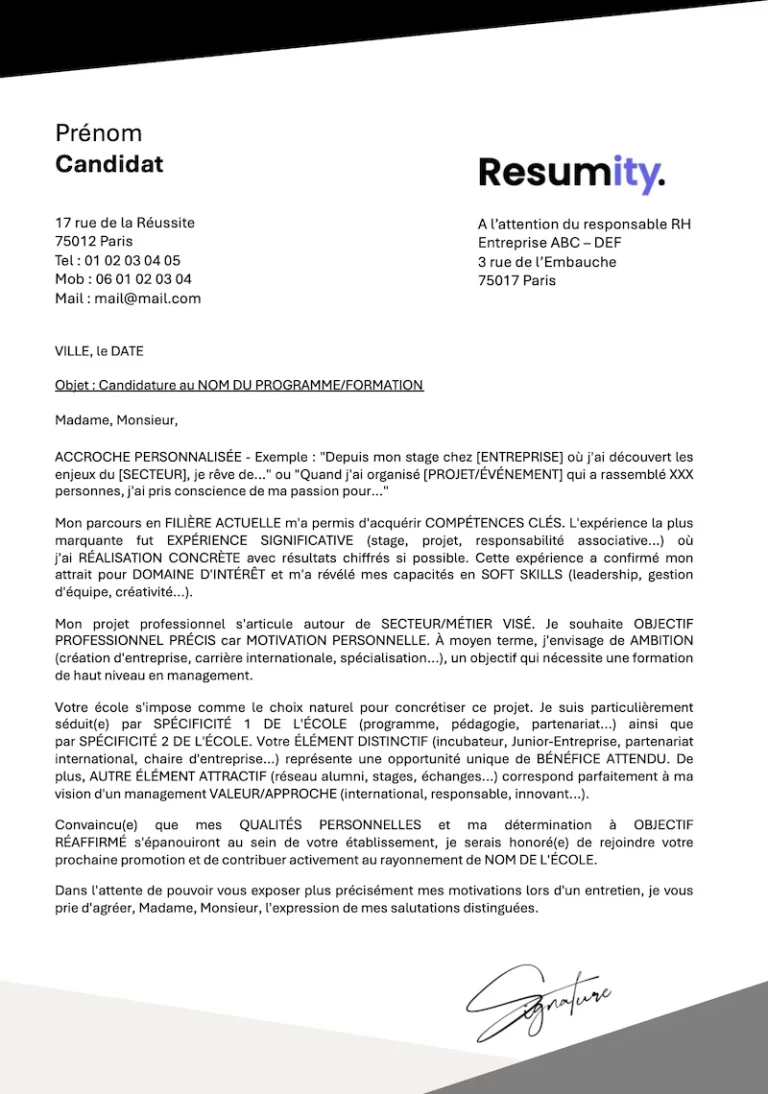 Lettre de motivation école de commerce