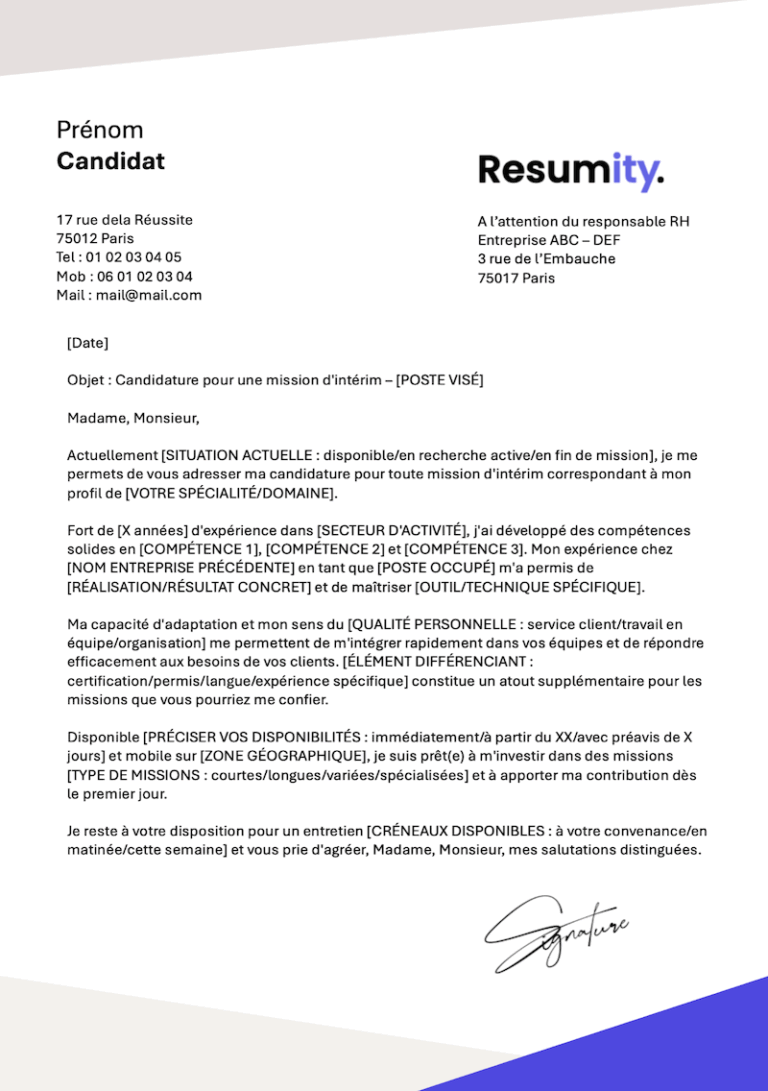 Lettre de motivation interim