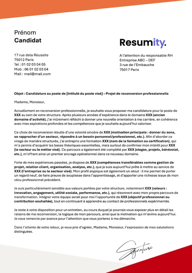 Lettre de reconversion métier