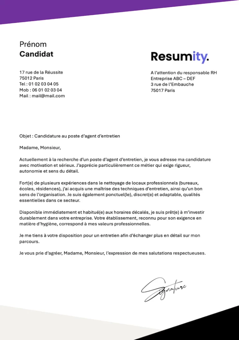 Lettre de motivation agent d'entretien
