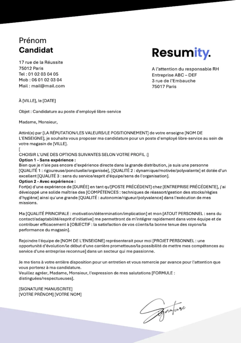 Lettre de motivation employé libre service