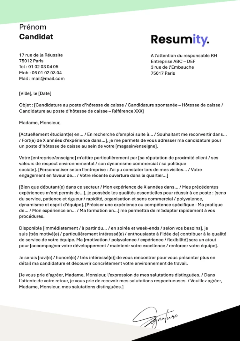 Letter de motivation hôtesse de caisse