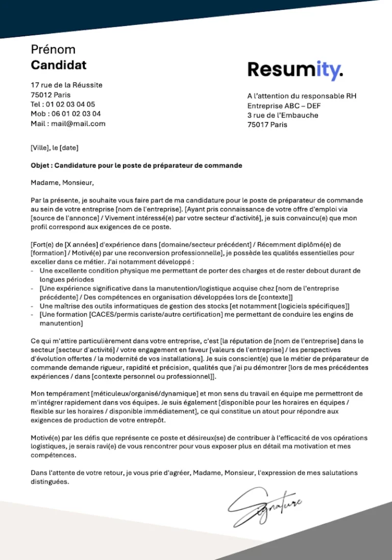 Lettre de motivation Préparateur de commande