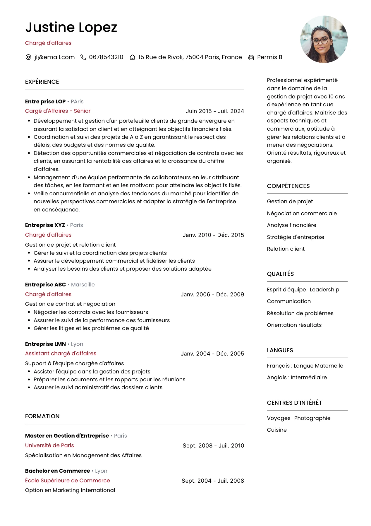 CV Chargé d'Affaires