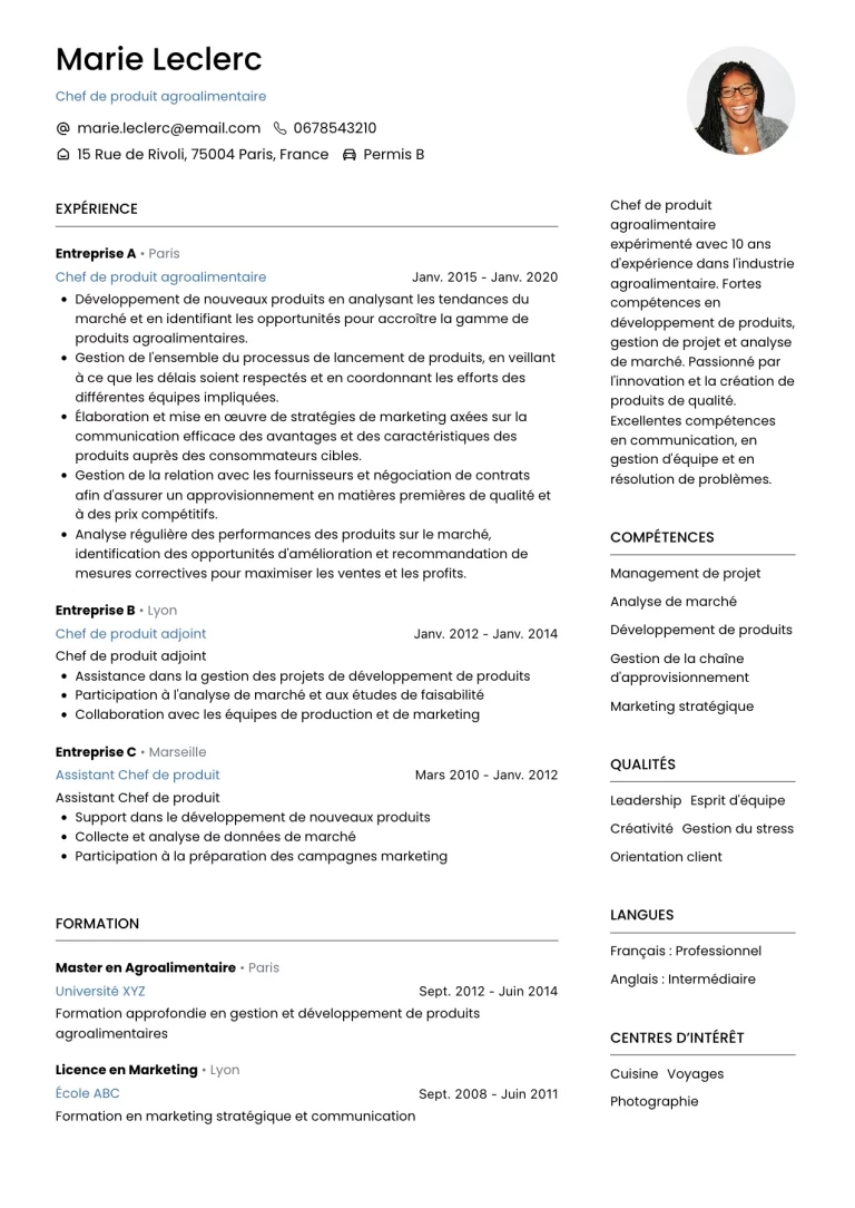 CV Chef de Produit Agroalimentaire