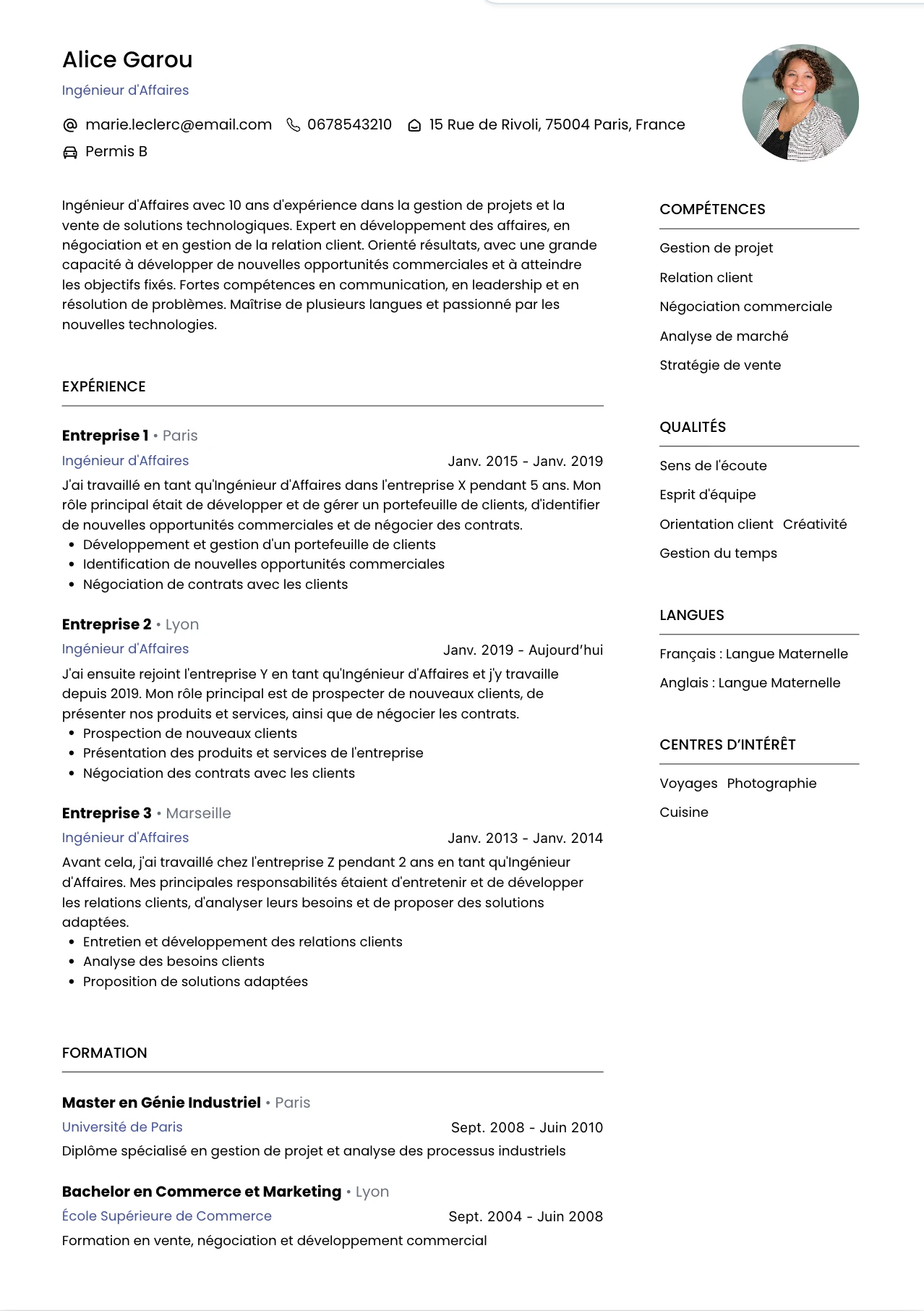 CV ingénieur d'affaires