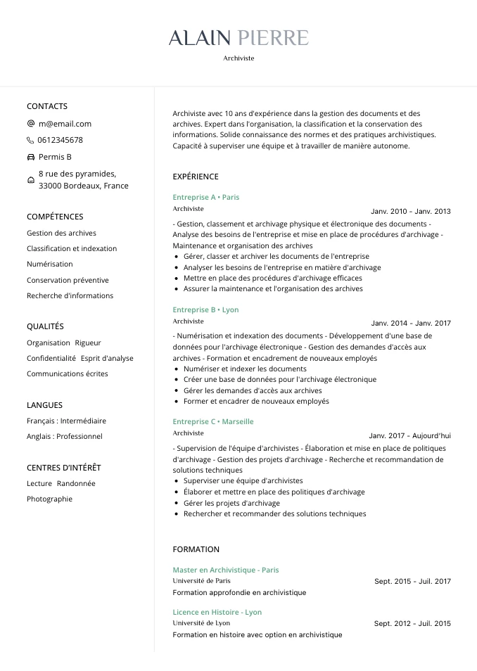 cv archiviste