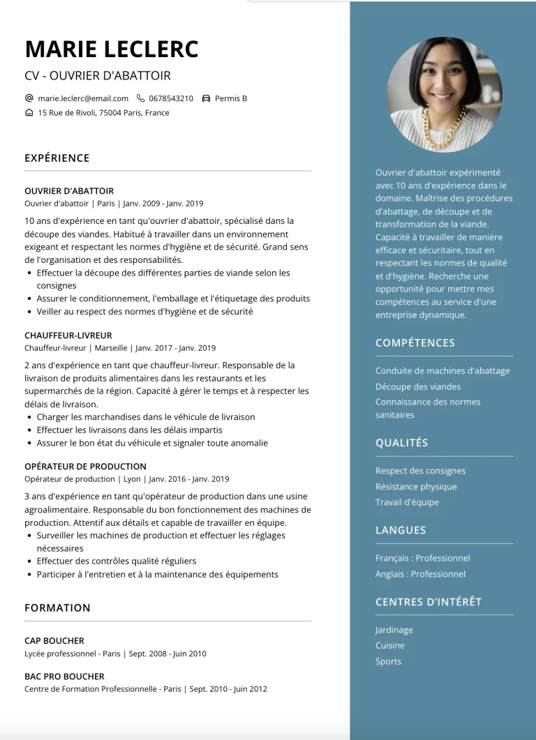 CV Ouvrier d’Abattoir