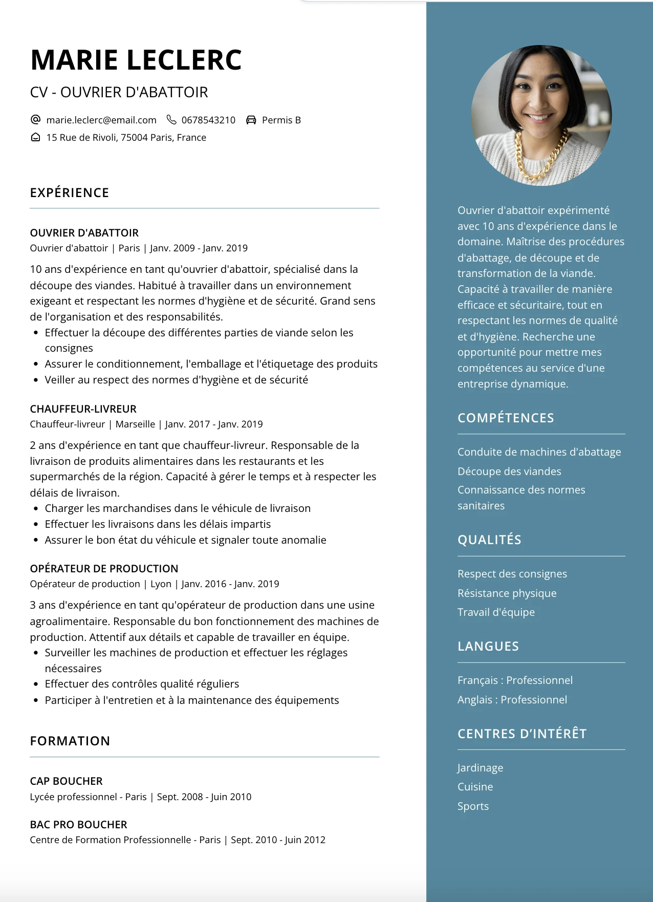 CV Ouvrier d’Abattoir