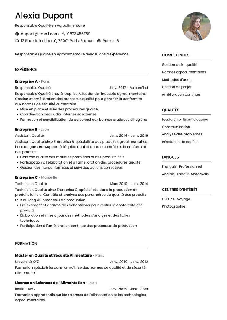 CV Responsable Qualité en Agroalimentaire